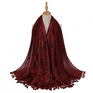 Fancy Pearl & Embroidered Shawl With Tassels